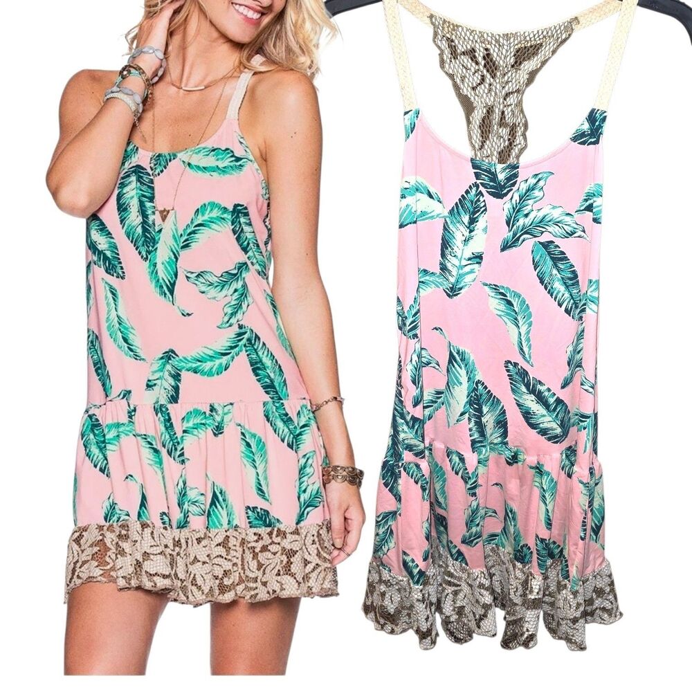 Maaji Sz M Pink Green Leafy Watercolor Lace Detail Cover-Up Racerback Mini Dress